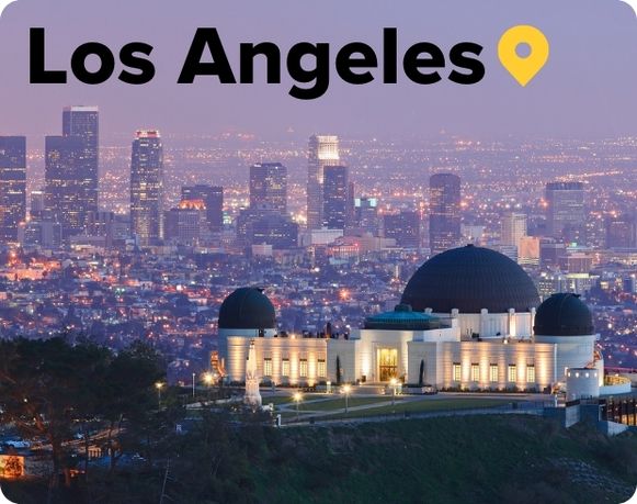 Griffith Observatory with the LA skyline at dusk in Los Angeles USA